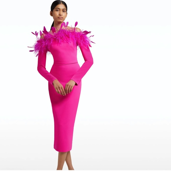 Safiyaa Vittoria Off the Shoulder Feather Dress Pink Midi Dress US sz 2 (FR 34) - Picture 1 of 12